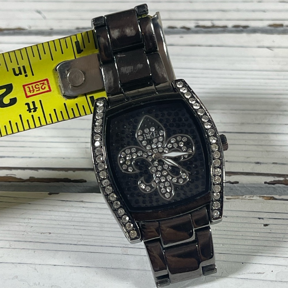 *NEW BATTERY* BKE watch fleur-de-lis Lily Saints Rhinestone Gunmetal Black Steel - Picture 5 of 12